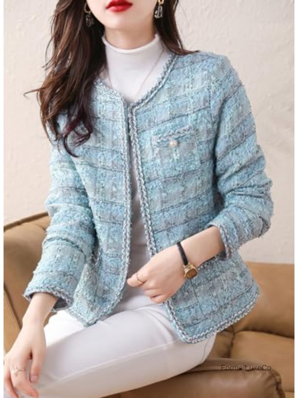 Elegant Open Front Tweed Blazer Slim Fit Collarless Jacket - Picture 3 of 4